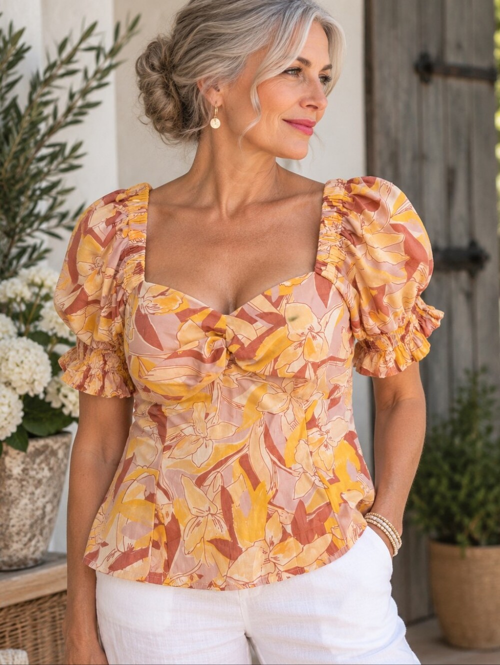 Nine West Floral Puff Sleeve Sweetheart Blouse XL NWOT Boho Romantic